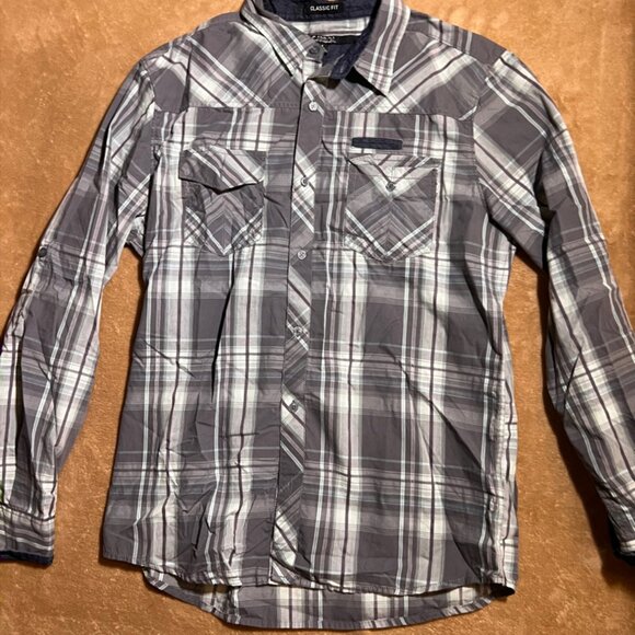 Carbon‎ Sz. L Black & Gray Plaid Button Down Y2K Fashion (AA2) - Picture 1 of 2